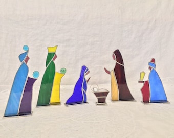FREE  SHIPPING! 6 Piece Stained Glass Nativity Set