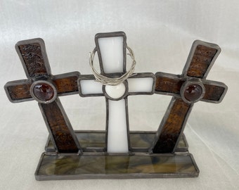 Handmade Stained Glass Crucifixion Scene - Religious Decor