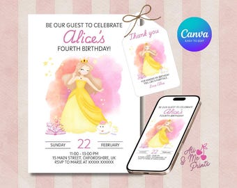 Sjabloon uitnodiging prinsessenfeestje, Beauty Beast-sprookje verjaardagsuitnodiging (digitale download)