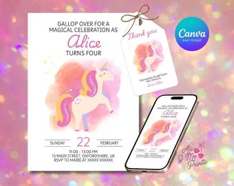 Sjabloon magische eenhoorn verjaardagsuitnodiging, bewerkbare canva-feestuitnodiging (digitale download)