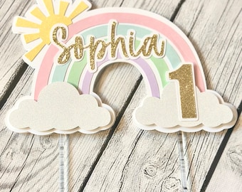 Personalized Rainbow Cake Topper: Pastel Birthday Party Decor