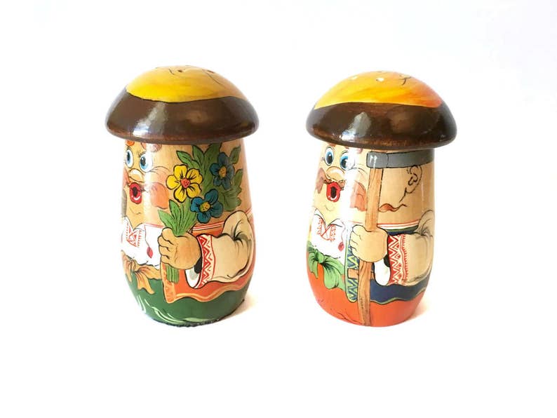 Vintage Pair of Painted Wood Salt and Pepper Shakers Set Farmer and Baker Salt Pepper Men
