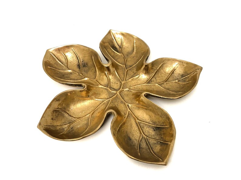 Vintage Brass Leaf Tray Heavy Gold Metal Leaf Trinket Tray Bowl
