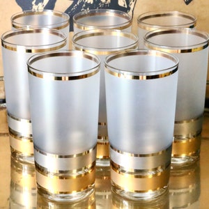 Vintage Culver Gold & Silver Striped Frosted Cocktail Glasses: MCM Barware Set of 8