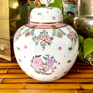 Vintage Japanese Porcelain Pink Floral Lidded Ginger Jar or Temple Jar - Asian Chinoiserie Decor