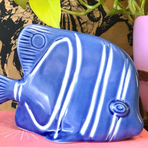 Blue and White Striped Ceramic Tropical Fish Figurine