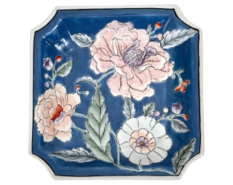 Vintage Chinoiserie Floral Catchall Trinket Tray: Asian Ceramic Decor