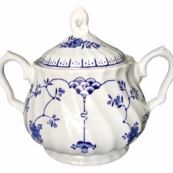Vintage Myott Finlandia Porcelain Sugar Bowl - Fine Staffordshire Ware England - Blue and White Floral Lidded with Handles