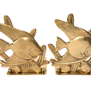 Vintage Brass Tropical Fish Folding Bookends: Nautical Home, Library, Bookshelf Decor