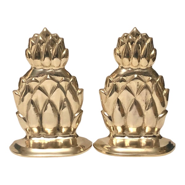 6" Vintage Brass Pineapple Bookends - Gold Metal Pineapple Home Library or Bookshelf Decor