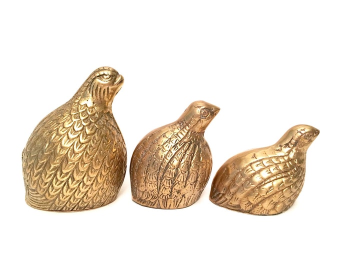 Vintage Brass Quails Set of 3 Gold Metal Textured Quail Family or