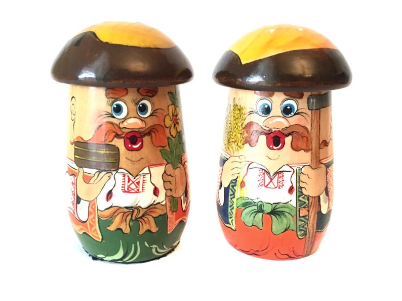 Vintage Pair of Painted Wood Salt and Pepper Shakers Set Farmer and Baker Salt Pepper Men