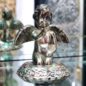 Vintage Cherub Angel Blowing Kiss Figurine or Paperweight - Silver Metal Angel