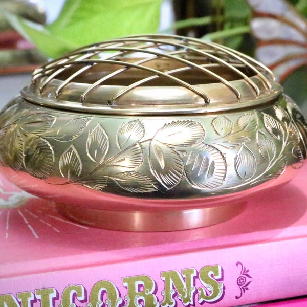Vintage Etched Brass Flower Frog Bowl with Lidded Grid - Floral Arrangement Bowl