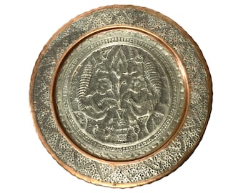 Vintage 11.5" Round Embossed Silver and Copper Metal Wall Hang Plate or Tray