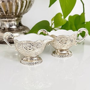Vintage Silver Metal and Porcelain Cream and Sugar Set - Ornate Floral with Handles