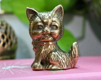Vintage Small Brass Kitty Cat Figurine - Gold Metal Kitten