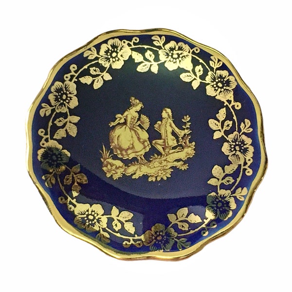 Vintage 2" Haviland Limoges Courting Couple Mini Plate - Cobalt Blue and Gold Porcelain