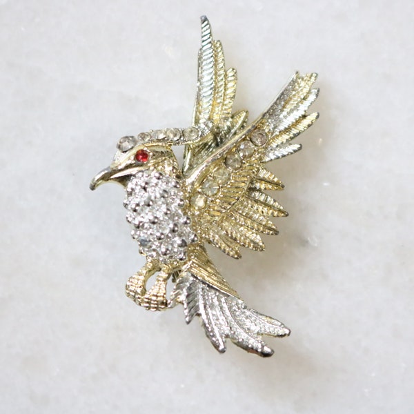 Vintage Rhinestone Bird Brooch with Red Eye - Gold Silver Flying Bird Pin