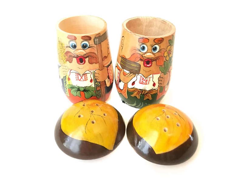 Vintage Pair of Painted Wood Salt and Pepper Shakers Set Farmer and Baker Salt Pepper Men