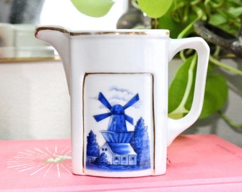 Vintage Blue and White Porcelain Windmill Creamer with Gold Rim