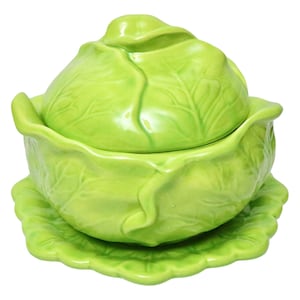 Vintage Lidded Green Cabbage or Lettuce Leaf Bowl on Plate - Hand Painted Ceramic Holland Mold