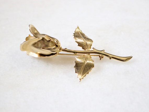 Vintage Gold Metal Rose Floral Stem Brooch or Pin - image 1