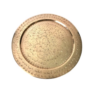 Vintage 12&quot; Round Floral Etched Brass Tray - Regency Boho Home Decorative Tray