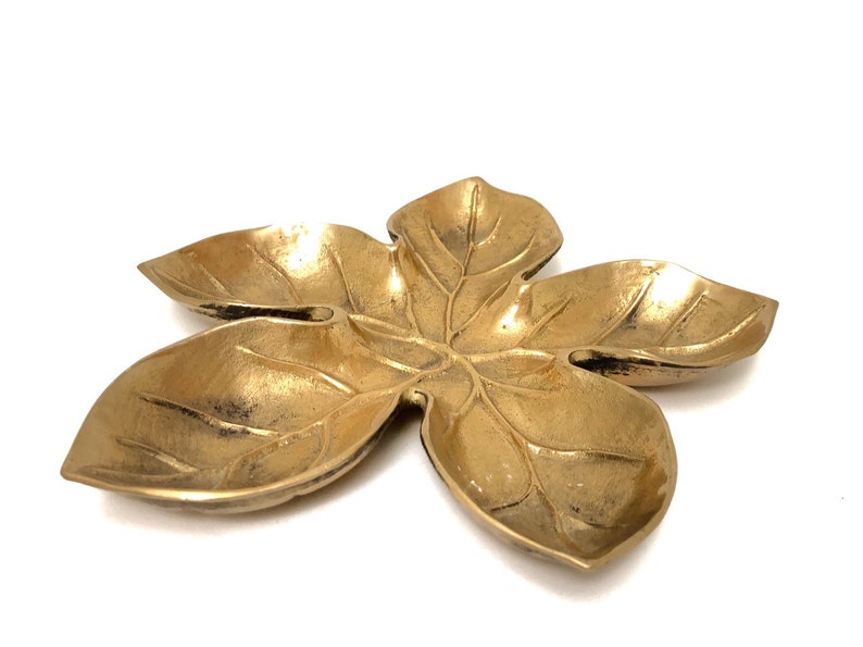 Vintage Brass Leaf Tray Heavy Gold Metal Leaf Trinket Tray Bowl