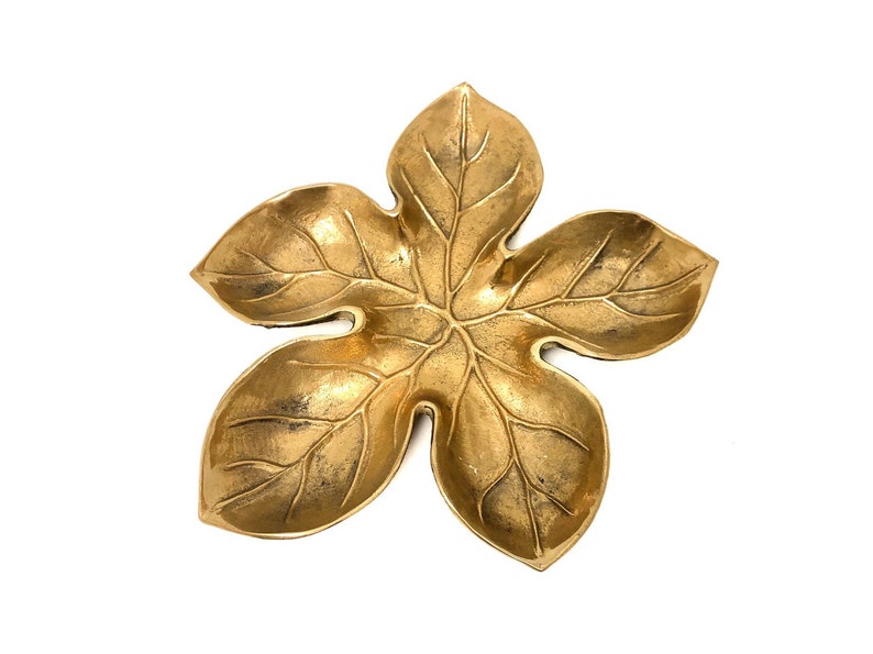 Vintage Brass Leaf Tray Heavy Gold Metal Leaf Trinket Tray Bowl
