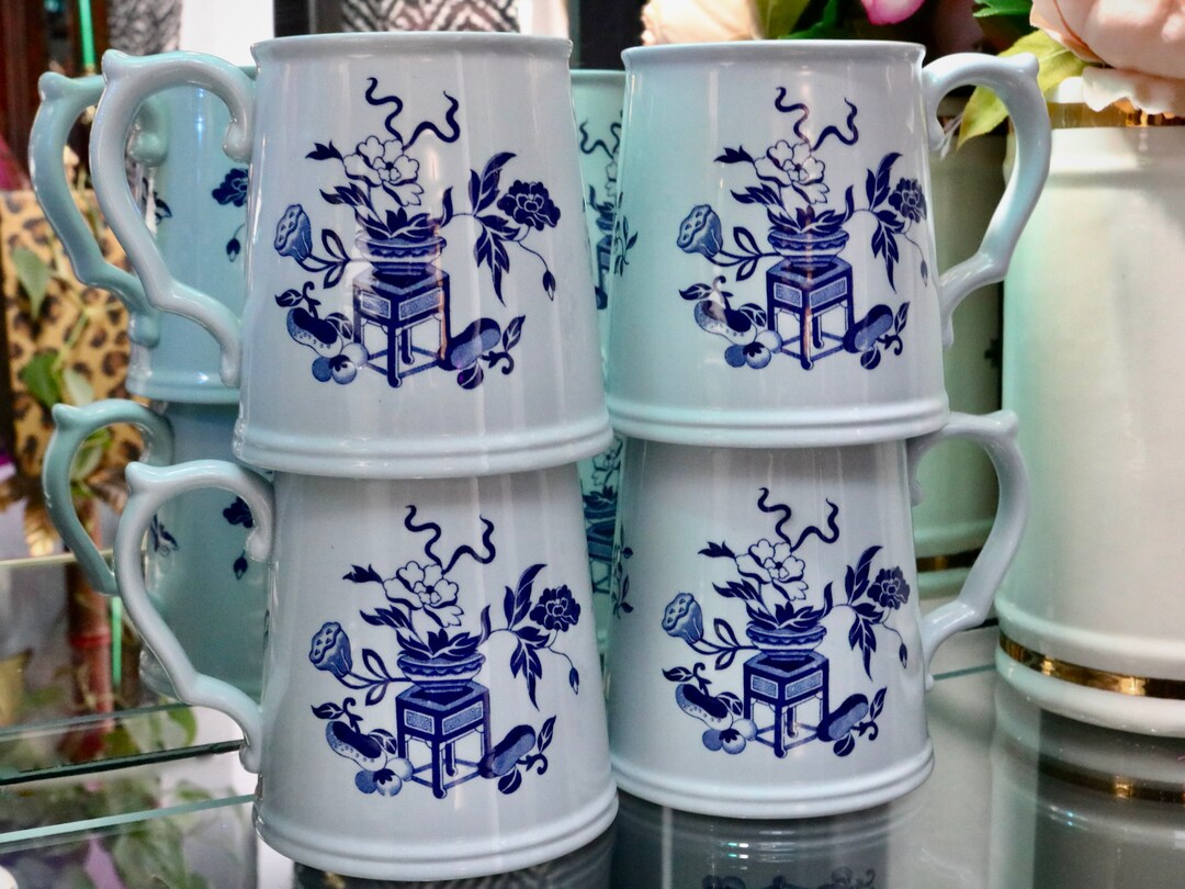 Vintage Set of 4 Spode Blue Bowpot Tankard Mugs With Ornate Handles - Etsy