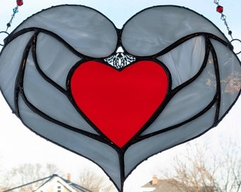 White Stained Glass Feathers Embrace a Red heart, accented with crystals, Décor Gift