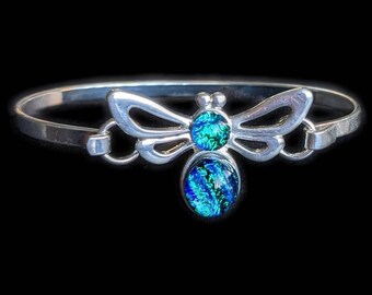 Blue Dichroic Bee on Silver Bracelet