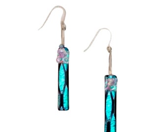 Sparkly Fused Dichroic Glass Blue and Pink Hoops on Sterling Earrings for Woman