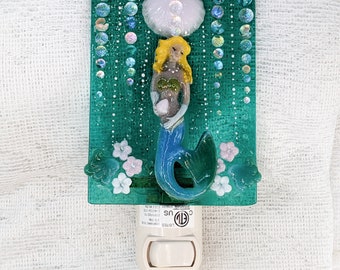 Mermaid at the Ball, Mermaid of Color LED Night Light, Mermaid gift, Handmade from fused  and Dichroic glass, an original by Ornate Accents