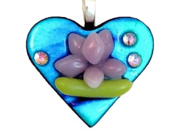 Large Blue Dichroic Glass Heart Necklace, with Soft Pink Fused Glass Lotus Flower, Gift for her