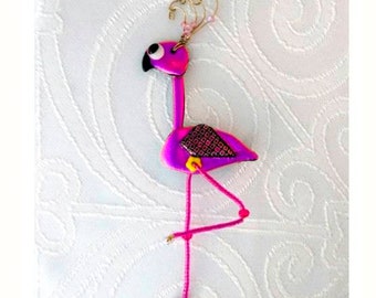Whimsical Dichroic Glass Flamingo Pin, with Movable legs and crystal feet. Fun gift  for her,