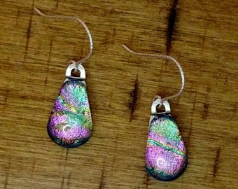 Small Green and Pink Dichroic Glass Teardrop Earrings, Dangle from 925 Sterling Silver Hooks