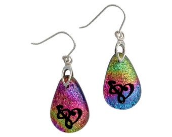 Music themed Heart Earrings, Gift for Musician, Dichroic Glass Jewelry made by Ornate Accents