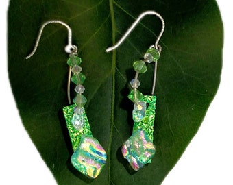 Unique and Sparkly Fused Dichroic Glass Green Earrings on Sterling Ear wires.  Dichroic Glass Jewelry by Ornate Accents