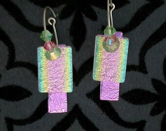 Summer Earrings, Sterling Silver Hoop With Sparkly Pink and Rainbow Color Changing Dichroic Earrings, Accented with Green and Pink Crystals