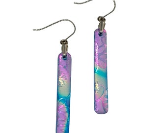 Blue and Pink Pastel Dichroic Earrings, with Green and Gold Dichroic. Dangle from Sterling Silver Hooks, Spring Summer earrings