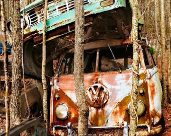 Photograph of a VW Bus with a 1961 international on top of it in the woods