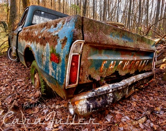 Photograph of a Blue 1967 - 1972 Chevy C10 Truck in the Woods with a RUSTY tailgate