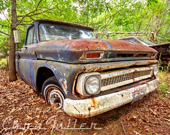 Photograph of a 1964 - 1966 Blue Chevy C/10 K/10 Truck in the Woods