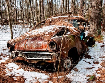 Photograph of half of a 1955 Ford In the Snowy Woods