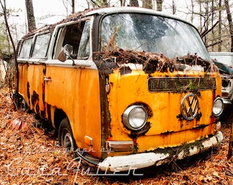 Photograph of the Yellow VW Bus in the woods