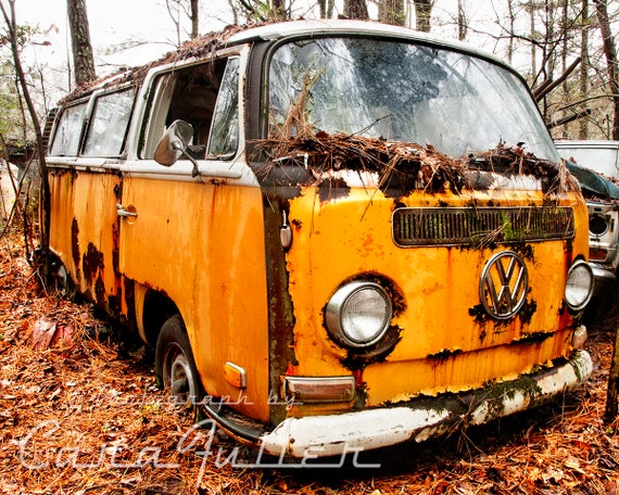Photograph of the Yellow VW Bus in the Woods Etsy