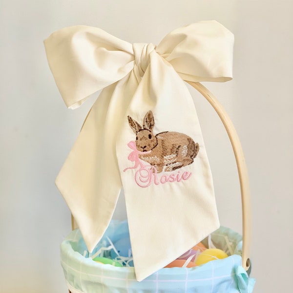 Easter Basket Sash with Vintage Chocolate Bunny - customizable name and bow colors, holiday, spring, Easter,  TREND ALERT