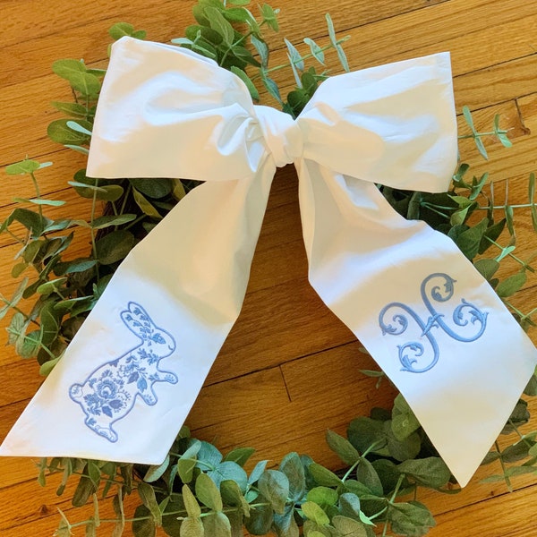 Chinoiserie Bunny Monogramed Sash - Easter basket, bow, ribbon, spring, blue and white, chic TREND ALERT